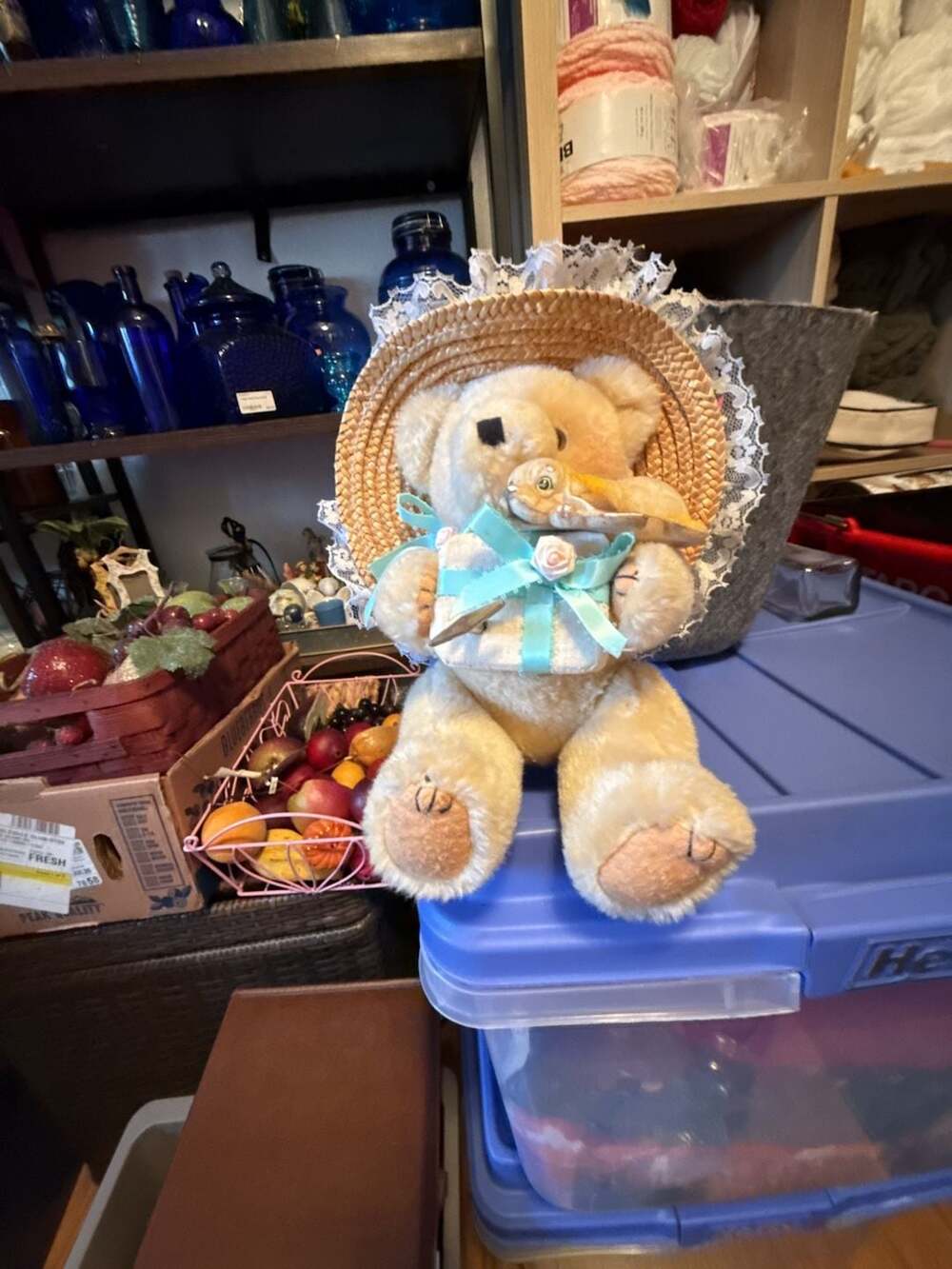 Vintage Jointed Plush Teddy Bear Straw Hat Lace Blue Ribbon
